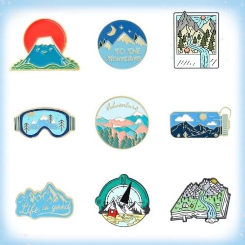 Mountain Explore Enamel Pin Camping Life Lapel Badge Telescope Goggles Thermos Hiking Travel Brooch Outdoor Adventure Jewelry