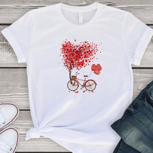 Kawaii Heart Bicycle Short Sleeve T-shirt Women Casual Vintage Graphic Clothes Female Tee Summer Girl Love T Shirts Tops