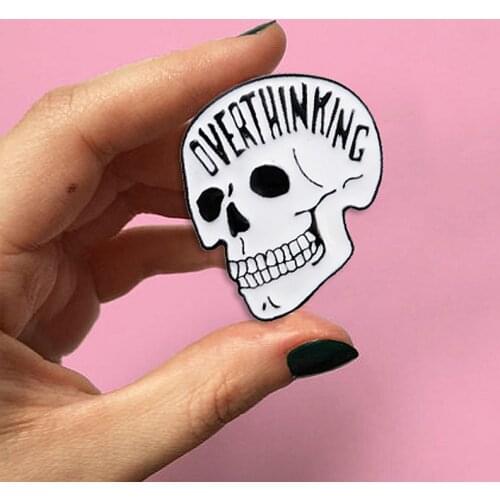 Gothic Anxiety Skeleton Skull Over Thinkers Overthinking Enamel Brooch Pin Hat Bag Lapel Pins Badges Fashion Jewelry Accessories