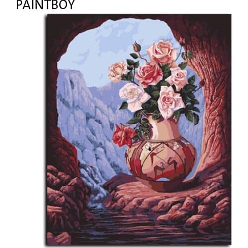 Framed Pictures Painting By Numbers Rose Flower Handwork Canvas Oil Painting Home Decor For Living Room GX9505