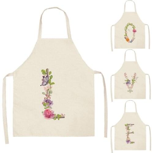 Linen Apron Flowers Butterfly Letter Printed Kitchen Apron Cooking Home Cleaning Tool Anti-dirty Apron WQ26
