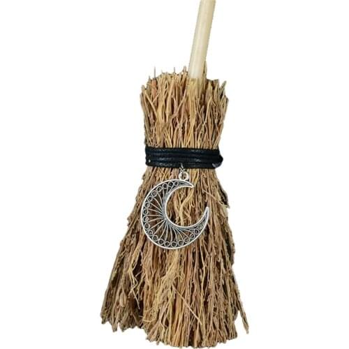 Mini Broom Straw Witch Brooms with Moon Skull Pendant Decorations for Halloween Wicca Altar Broom Witchcraft Accessories