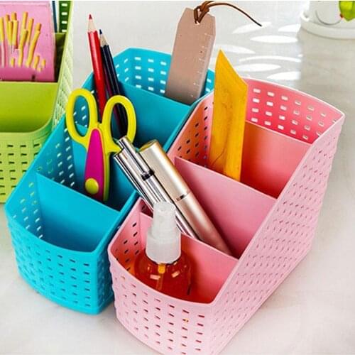 1PC Mini 4 Grids Desk Storage Office Organizer Box Case Cosmetic Organizer Holder Imitation Rattan Stationery Box