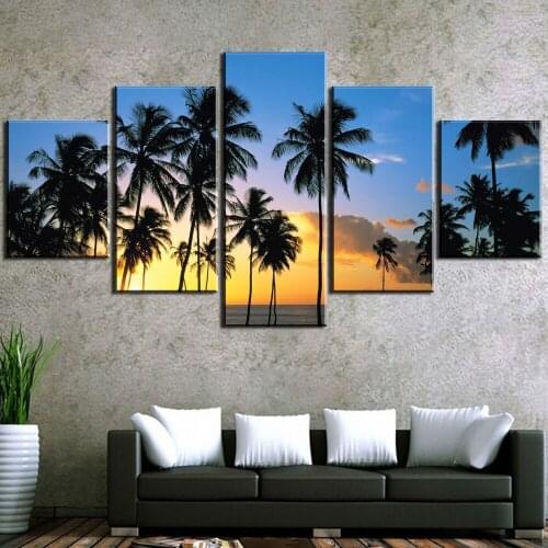 Modular Picture 5 Pieces HD Printed Coconut Trees At The Beach Painting For Modern Decorative Bedroom Living Room Home