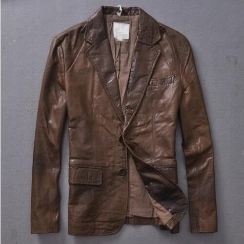 Italy Genuine Sheepskin slim fit Suit Men Leather Coat Male Business Style black brown autumn Jacket