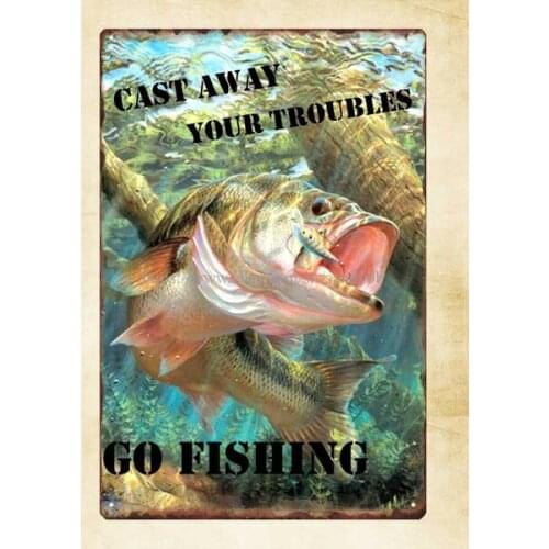 Arte de pared de ir de pesca fundido tu problemas Pescado del Lago de Metal estaño signo