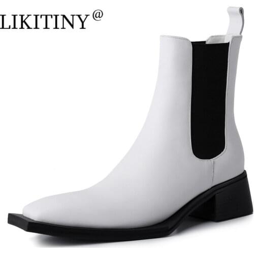 NEW LIKITINY 2021 Spring Autumn Womens shoes Sexy Elegant Genuine Leather White Square Head Zipper 4cm Heels Short Boots