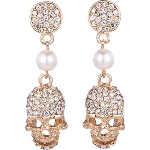 New European and American Halloween Skull Earrings Pirate Inlaid Natural Pearl AAA Zircon Earrings Punk Ghost Head Pearl Earring