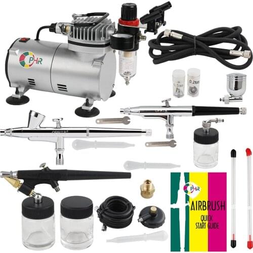 OPHIR 3-Airbrush Kit (4 Nozzles Replacement) w/ Air Compressor & Air Filter for Body Paint Model Hobby Makeup _AC089+071+073+074