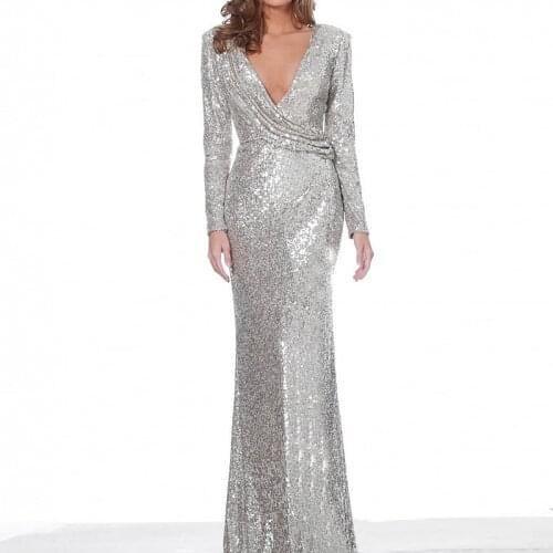 Silver V Neck Full sleeved Autumn Winter Evening Party Dress Gown Sequined Stretchy Long Maxi Dress