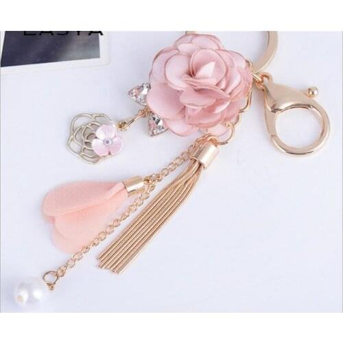 Rose Flowers Keychain Key Chain Gold Color Crystal Bow Chain Tassel Key Ring Bag Charm Pendant Jewelry Gifts B872
