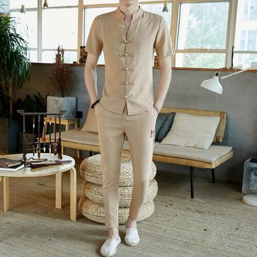 Men Tracksuits Vintage Man Clothing 2021 Spring Wear Long Sleeve Street Wear Male Travel Set Linen Long Pants In Mens Sets