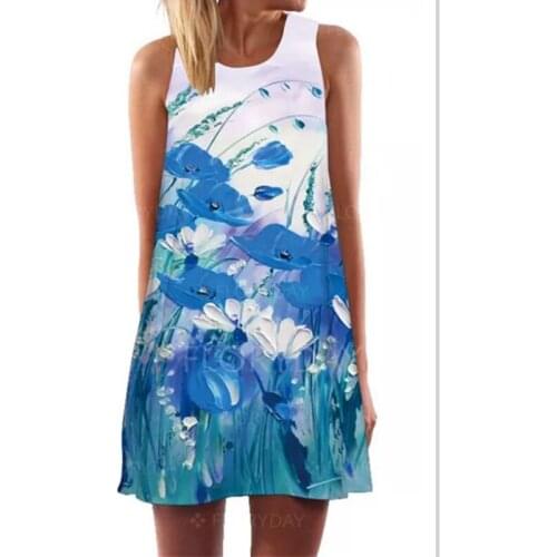 Fresh Sweet Casual Loose Sleeveless Summer Ladies Short Dress A-line Floral Print Loose Waist Womens Spaghetti Strap Dresses