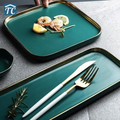 Plate Ceramic Square Peacock Green Gold Rim Tray Western Food Dish Steak Dessert Cake Plates Breakfast Fruits Dish Dinner Set