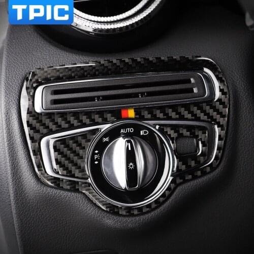 TPIC Carbon Fiber Headlight Switch Frame Cover Trim Car Styling Sticker For Mercedes C Class W205 C180 C200 GLC Accessories