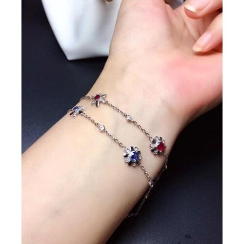Silver bracelet flower charming red ruby /blue sapphir bracelet women silver jewelry real 925 silver natural gem birthday gift