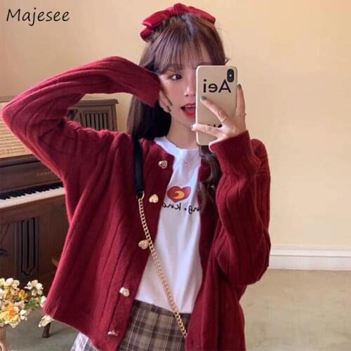 Womens Cardigan Spring Autumn burgundy Button Loose Knitted Sweaters Thin Korean Style Design Sweet Casual Fashion Girls Chic