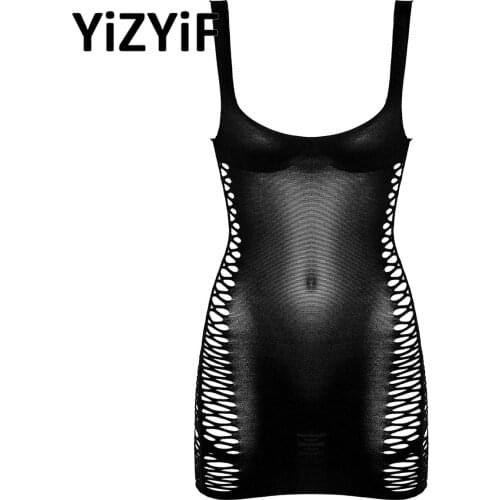 Womens Fishnet Dress Deep V Hollow Out Mesh Tights Mini Dress Underwear Pajamas Bodycon Nightwear