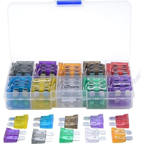 100pcs/lot Car Auto Medium Size Standard Blade Fuse Box Plastic Box Assortment with 2A 3A 5A 7.5A 10A 15A 20A 25A 30A 35A Fuses