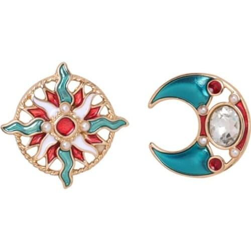 2021 Korean Fashion Jewelry Trend Gold Plated Asymmetry Enamel Crystal Pearl Sun Moon Earrings
