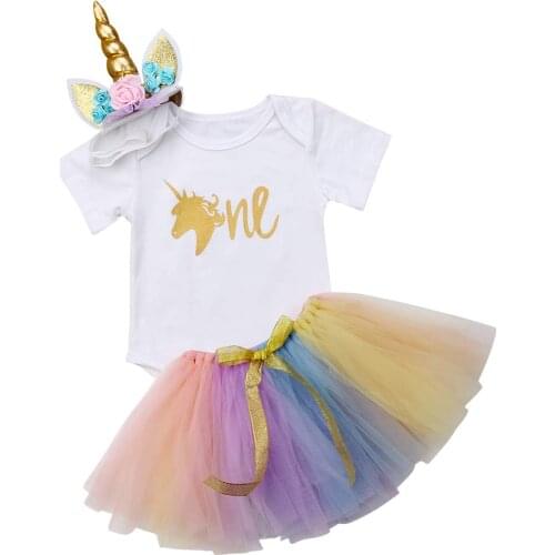 3pcs 0-24M Baby Girl Princess Set Party Unicorn Romper + Cake Tutu Skirt+ Headband Babe Birthday Outfits