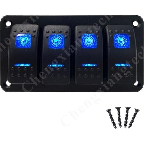 12V 24V 4 Gang Aluminum Blue Led Light Rocker Toggle Switch Panel 5Pin On Off SPST Switch For Car Truck CaravanMarine Boats