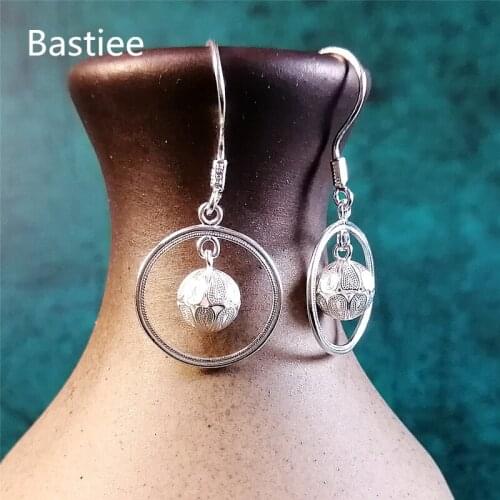 Bastiee Miao Earrings 999 Sterling Silver Jewerly Dangle Drop Earings Women Jewelry Hmong Handcrafts Chinese Ethnic Accessories