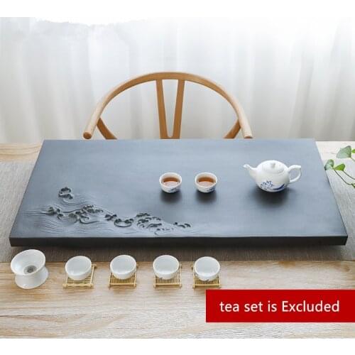 Water weave engraved tea tray black stone tea table invisible water draining outlet handmade carved serving tray tea boat China