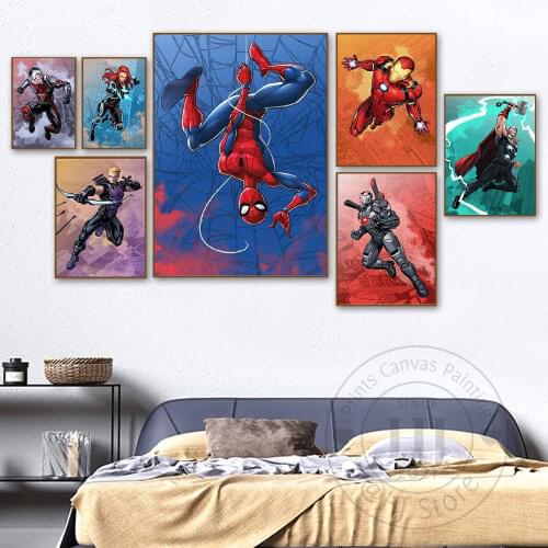 Marvel Superhero Animation Canvas Painting Spiderman Iron Man Picture Print Home One Piece Decoration Wall Poster for Room Decor