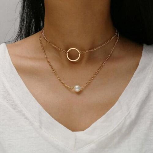 Simulated Pearl Chokers Necklace Circle Multi Layer Necklace Gold Color Clavicle Chain Gifts For Women Jewelry Accessory Choker