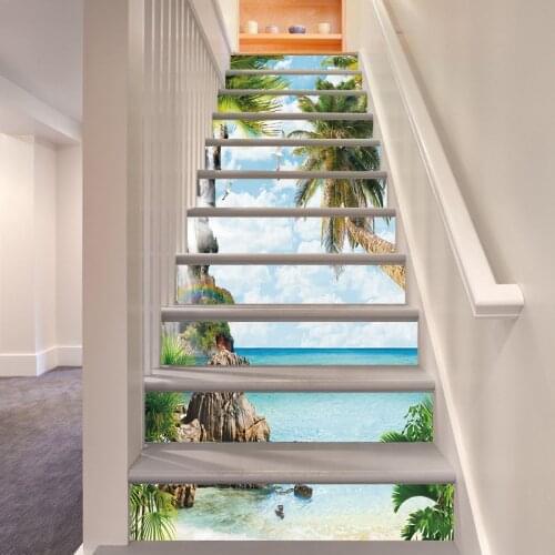 Summer Style Coconut Tree Beach Stairs Decorative Wall Stickers Floor Tile Wallpaper Peel & Stick Thick Waterproof PVC Art Mura