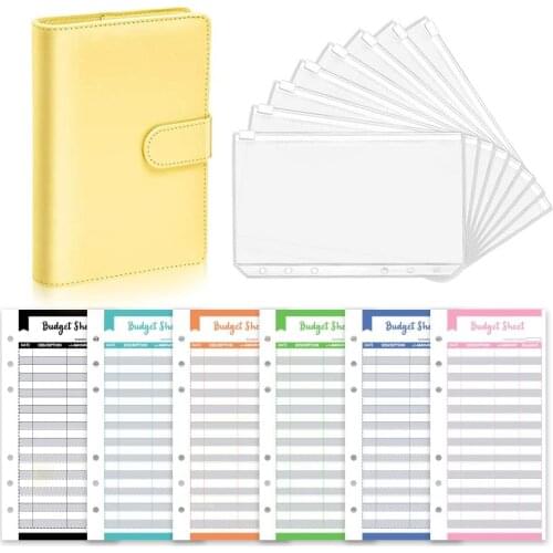 21Pcs A6 PU 6 Rings Refillable Notebook Cover with 8Pcs PVC Zipper Envelopes Pockets and 12Pcs Budget Sheets for Bill Planner