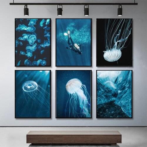 Seascape Underwater World Diving Poster Jellyfish Wall Art Nordic Posters and Prints Canvas Painting Wall Art Picture Home Decor