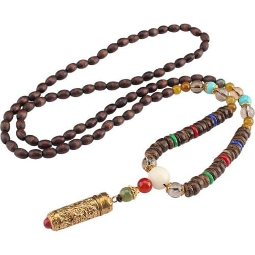 Nepal Gawu Box Six Words Mantra Wooden Buddha Bead Pendant Simple Wild Long Retro Necklace