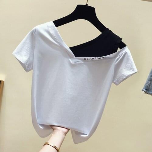 New V neck Short Sleeves Off shoulder T Shirt Top Female Tshirt Slim Women Fashion Graphic T-Shirt white off shoulder top