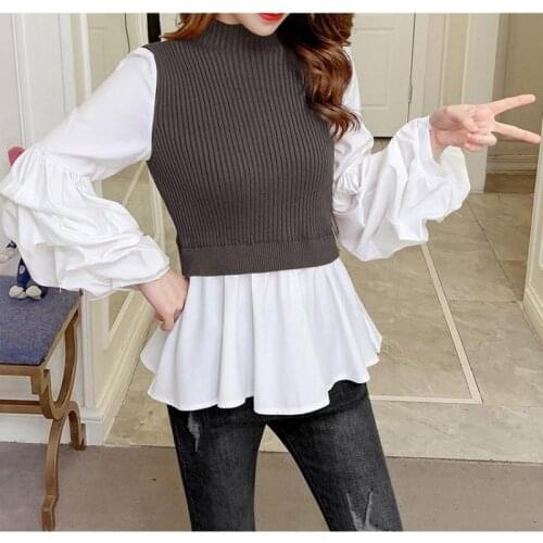 Autumn Patchwork Knitted Pullovers Tops Women Slim Fit Lantern Sleeve Jumper Dress Shirts Turtleneck Elegant Sweater Tops Femme