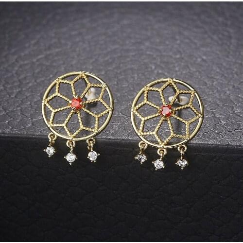 Double Fair Dreamcatcher Shaped Stud Earrings For Women Indian Style Light Gold Color Trendy Gift For Girls Fashion Jewelry E208