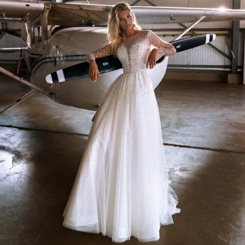 Luxury Wedding Dress Pearls Beads Bridal Dresses Long Sleeve A Line Wedding Gowns Beach Women Vestidos de Noivas 2021 O Neck