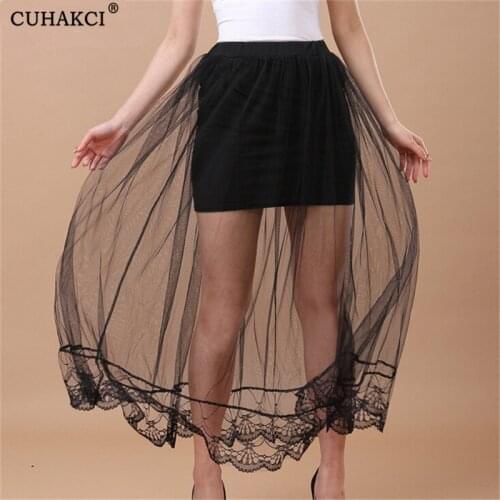 Sexy Mesh Skirt Summer Women Lace Skirts Evening Party Patchwork Pleated Elastic Waist Hollow Out White Black Skirts