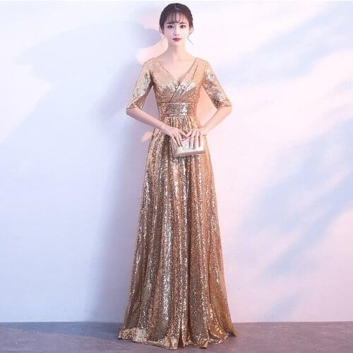 Sexy V-Neck Sequins Half Sleeve Evening Dress Wedding Formal Party Gown Robe De Soiree Vestido De Noche Cheongsam