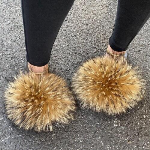 Summer Female Big Size Flip Flops Ladies Fluffy Furry Falt Slides Soft Plush Shoes Womens Fox Fur Slippers House Luxury Sandals