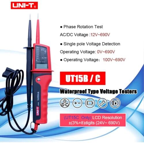 UNI-T UT15B/UT15C Waterproof Multi-function Voltage Detectors Volt Testing Pen AC DC Voltmeter Beeper and LED Light Indicator