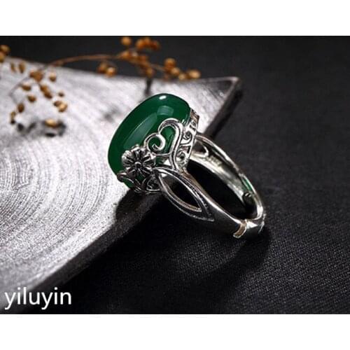 KJJEAXCMY Boutique jewelry S925 Sterling Silver Antique green chalcedony inlaid plum blossom ring high-end ladies open Sterling