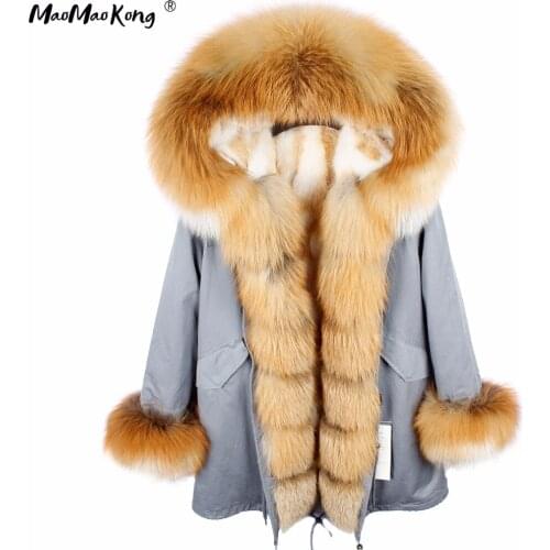 Mao Mao Kong women long parka fur coat winter jacket real Fur Collar natural rabbit fur Thick Warm Fur liner parkas outerwear
