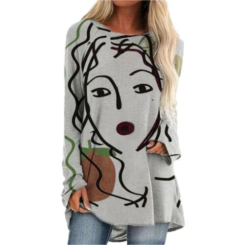 Womans 2021 Autumn Portrait Print T-Shirts Women Fashion Long Sleeve O-Neck Tunics Tops Casual Loose T Shirt Mujer Camisetas