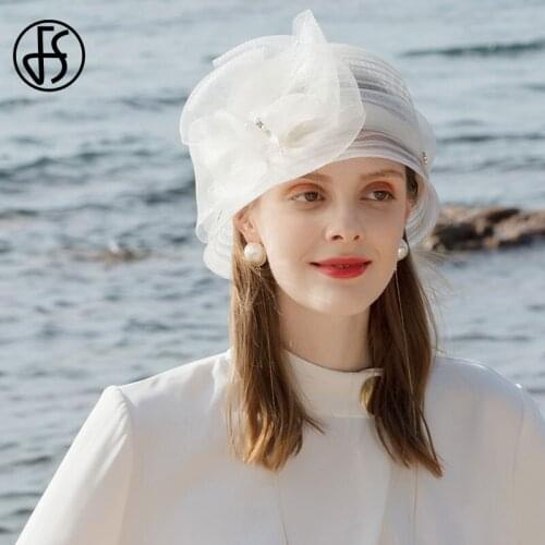 FS Summer White Hats For Women Wide Brim Fedora Hat Beach Elegant Organza Flower Ladies Black Floppy Sun Caps Chapeau Femme