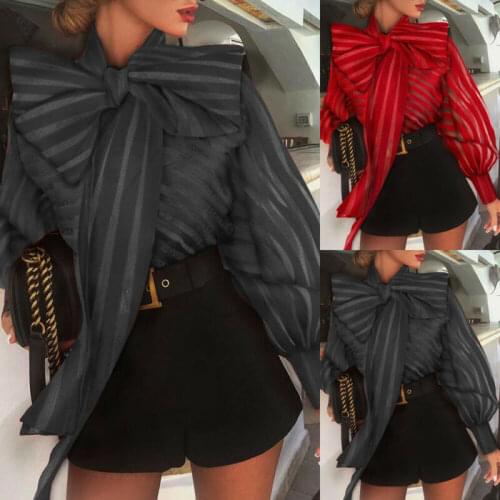 Womens Casual Mesh Sheer Long Lantern Sleeve Bowknot Collar Striped Tops Formal Blouse blusas mujer de moda