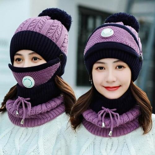Women Winter Knitted Woolen Cap Face Cover Neck Scarf Bomber Hats Outdoor Warm Keeping Women Neck Warmer Loop Scarf Hat Caps