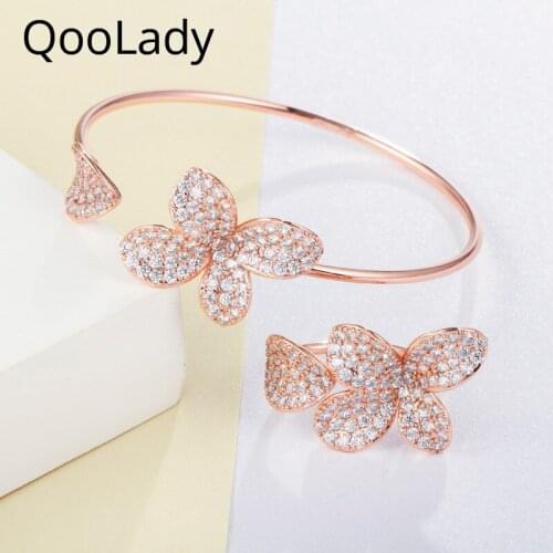 QooLady New Fashion Design Rose Gold Cubic Zirconia Flower Adjustable Open Cuff Bangle Bracelet Ring Jewelry Sets for Women Z014