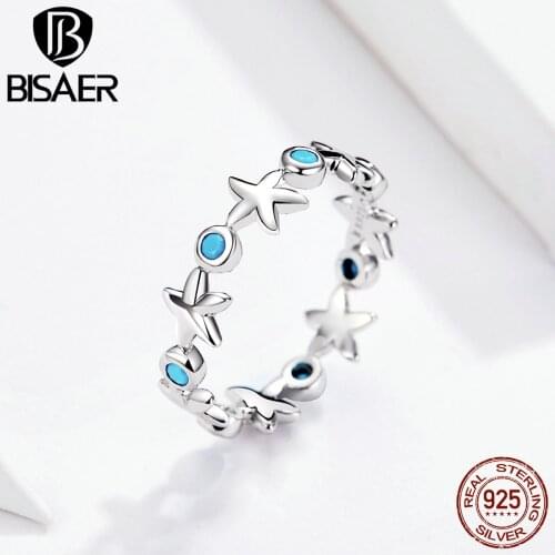 BISAER Flower 925 Sterling Silver Stackable Starfish Shape Finger Rings for Women 6 7 8 Size Wedding Ring Jewelry Anel ECR527
